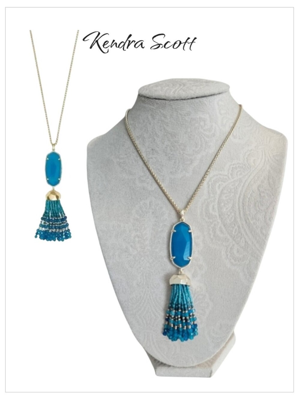 Kendra Scott Eva Gold Long Pendant Necklace Aqua Blue Howlite Beaded Tassel